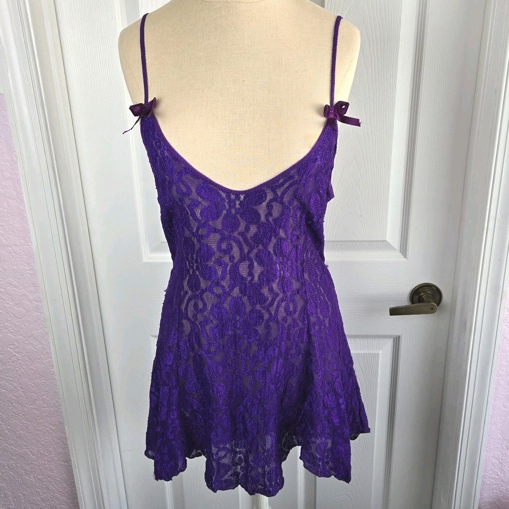 Vtg Frederick's Of Hollywood Purple Stretch Mesh Sheer Nightgown Size L USAโ